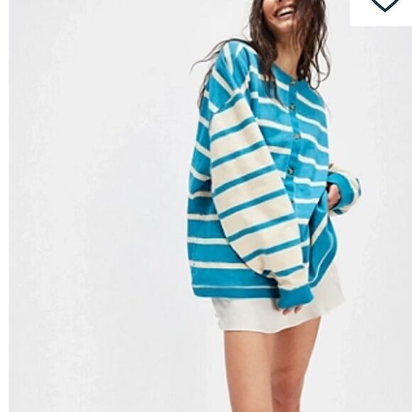 Free People We the Free Classic Striped Cardigan in Blue Combo - Picture 3 of 8